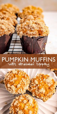 pumpkin muffins on a cooling rack with text overlay that reads, pumpkin muffins with streusal topping