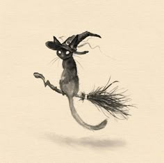 a black and white drawing of a cat wearing a witch's hat, holding a broom