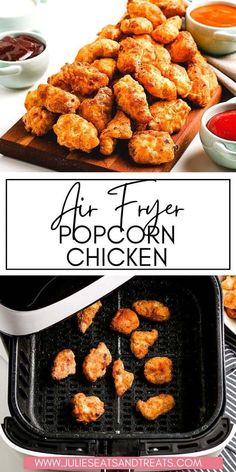 air fryer popcorn chicken is being cooked in an air fryer with sauces on the side