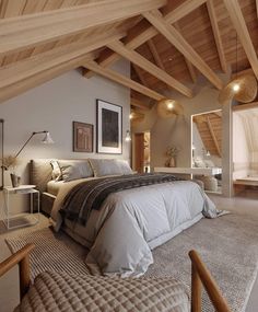 a large bed sitting in the middle of a bedroom next to a wooden ceiling and windows