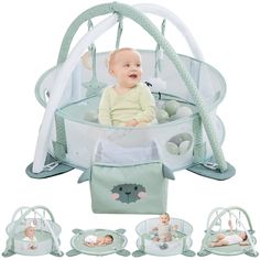 a baby is sitting in a playpen