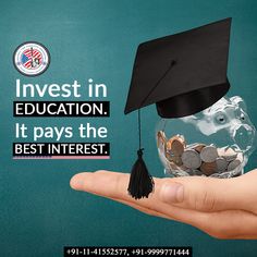 a hand holding a glass jar with coins in it and the words invest in education, it pays the best interest