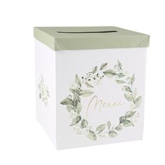 a white box with a wreath design on the front and bottom, sitting in front of a white background