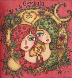 two women with hearts and flowers on their heads are depicted in this colorful art work