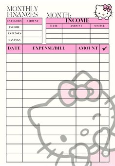 a printable hello kitty budget sheet with pink bows on the top and bottom half