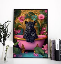 a black cat sitting in a pink bathtub surrounded by flowers