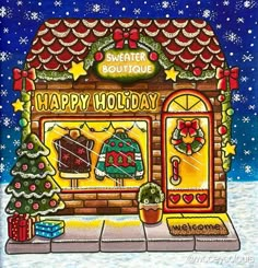 a drawing of a store front with christmas decorations