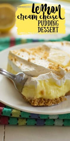 lemon cheese pudding dessert on a plate with a fork