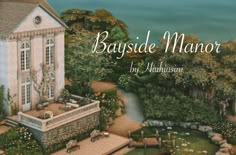 the cover of bayside manor is shown in an animated style with trees and flowers surrounding it