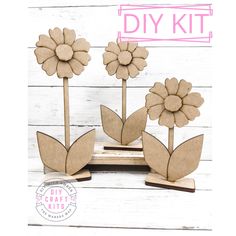 the diy kit includes three wooden flowers