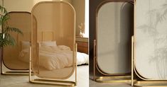 two different images of a bed in a room