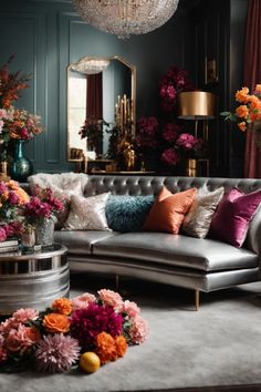 Immerse yourself in the autumnal splendor of this lavish living room, an exquisite blend of elegance and warm, vibrant colors. The sumptuous silver sofa, adorned with a collection of velvety pillows in hues of plum, rust, and teal, invites you to indulge in comfort. Bouquets of rich, colorful flowers add a natural opulence, while the chic, mirrored coffee table echoes sophistication. The dark teal walls, framed by golden accents and a sparkling chandelier, provide a cozy backdrop. Silver Sofa Living Room, Dark Teal Walls, Plum Living Room, Dark Eclectic, Dark Walls Living Room, Mirrored Coffee Table, Lavish Living Room, Teal Rooms, Burgundy Walls