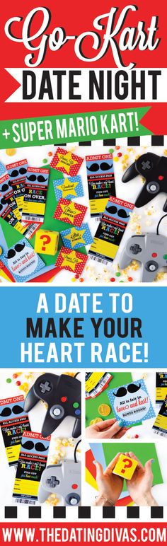 an advertisement for a heart race event with scissors and other items on the table, including cards