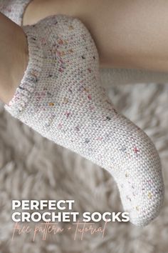 a person wearing white socks with sprinkles on them and the words perfect crochet socks