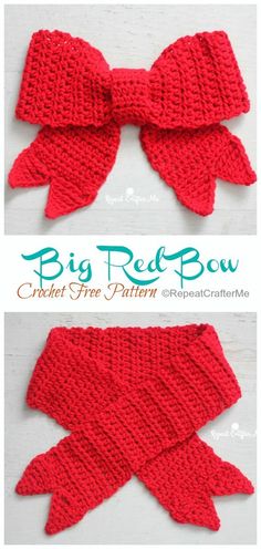 the crocheted bow is made from yarn and has been knitted in red