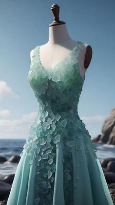 Under The Sea Theme Dress, Sea Glass Dress, Sea Fantasy Outfit, Sea Themed Dress, Sea Dress Aesthetic, Ocean Fantasy Outfit, Ocean Themed Dress Drawing, Water Fairy Outfit, Ocean Themed Dress