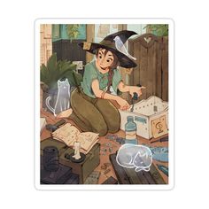 a woman in a witches hat sitting on top of a box filled with boxes and other items