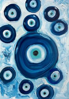 an abstract painting with blue and white circles