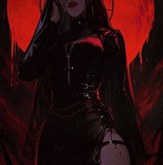 a woman with long hair wearing a black outfit and holding a knife in front of a red moon