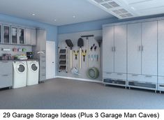 this garage has 3 storage man caves and two washer dryers on the wall