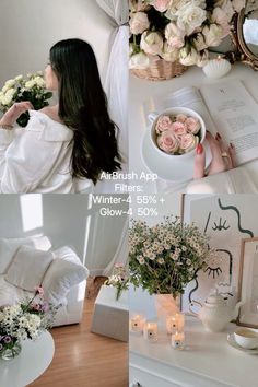 a woman sitting at a table with flowers and candles in front of her, reading a book