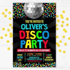 a disco party poster with confetti on it