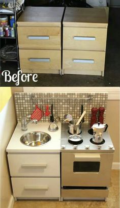 before and after photos of a small kitchen with stainless steel sink, stove top and cabinets