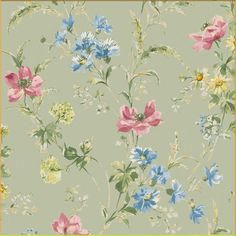 a floral wallpaper with blue, pink and yellow flowers on a light green background