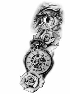 a drawing of an eye and clock with roses on the bottom half of its arm