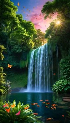 a painting of a waterfall in the middle of a forest with fish swimming around it