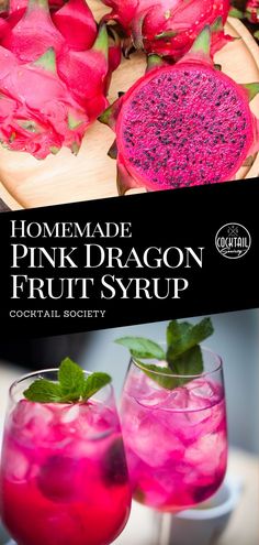 two glasses filled with pink dragon fruit and garnished with green leaves on the rim