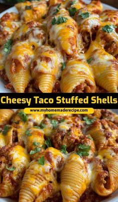 cheesy taco stuffed shells on a white plate with the title above it