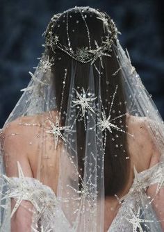 the back of a woman wearing a veil with stars on it