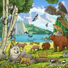 an image of animals that are in the wild together with mountains and trees behind them