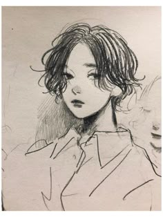 a pencil drawing of a woman with curly hair and an earring in her hand