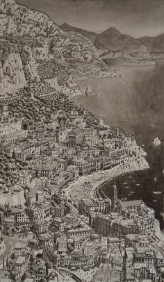 an old black and white drawing of a city on the edge of a mountain range