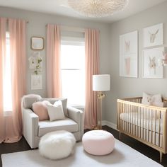 a baby's room with pink curtains and white rugs on the floor, a crib in the corner