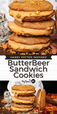 harry potter inspired butterbeer sandwich cookies are stacked up on top of each other