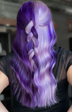 Short Hair, Blue Highlights: A Perfect Match Purple Halloween Hair, Lavender And Blue Hair, Electric Purple Hair, Purple Split Dye, Bun Hairstyles For Short Hair, Lavender Hair Color Ideas, Hair Color Ideas Trendy, Purple Highlights Blonde Hair, Sleek Bun Hairstyles