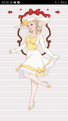 a cartoon girl in a yellow dress and white hat with red bows on her head