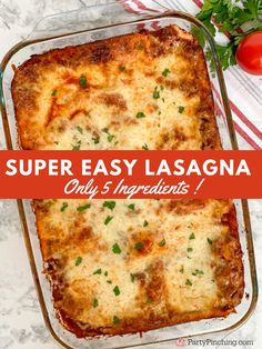 an easy lasagna casserole recipe in a glass dish on a marble countertop