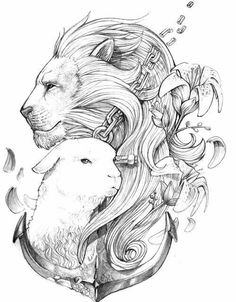 a drawing of a lion and sheep with long hair on their heads, surrounded by flowers