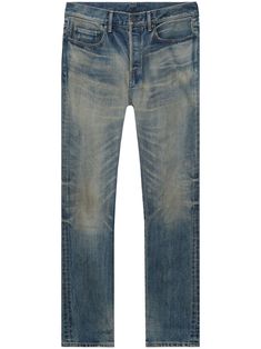 indigo blue cotton denim mid-wash distressed effect whiskering effect contrast stitching mid-rise belt loops concealed fly and button fastening classic five pockets straight leg John Elliott, Indigo Blue, Contrast Stitch, Straight Jeans, Straight Leg Jeans, Leg Jeans, Mid Rise, Top Brands, Straight Leg