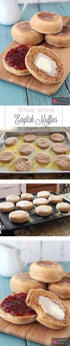 two pictures of english muffins with jam on them