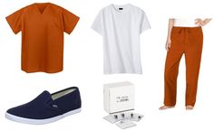 an orange shirt, white t - shirt, and brown pants are arranged on a white background