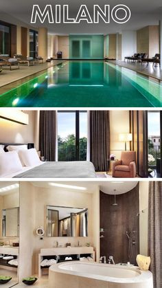 the inside and outside of a hotel room with an indoor swimming pool, jacuzzi tub