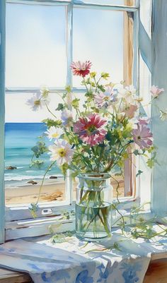 a vase filled with flowers sitting on top of a table next to an open window