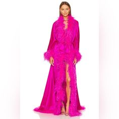 New With Tags. Bring On The Drama In Retrofete’s Neon Pink Juno Robe. This Over-The-Top Floor Length Silk Robe Features Ostrich Feather Trim Ties At The Waist And Was Designed To Make An Entrance Unlike Any Other. Self: 76% Acetate, 24% Polyester Trim: 100% Ostrich Feather (Ostrich Feathers Can Be Removed With A Button) Made In China Dry Clean Only Detachable Waist Tie Closure Midweight Sateen Fabric With Dyed Feather Trim Revolve Style No. Rofr-Wo83 Manufacturer Style No. Hl23-6494 Tags: Revolv Pink Feather Robe, Ostrich Feather Trim, Revolve Style, Top Floor, Feather Trim, Silk Robe, Ostrich Feather, Pink Feathers, Ostrich Feathers