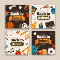 four school cards with back to school items