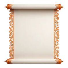 an orange and white scrolled paper with gold trimmings on the edges, in front of a white background